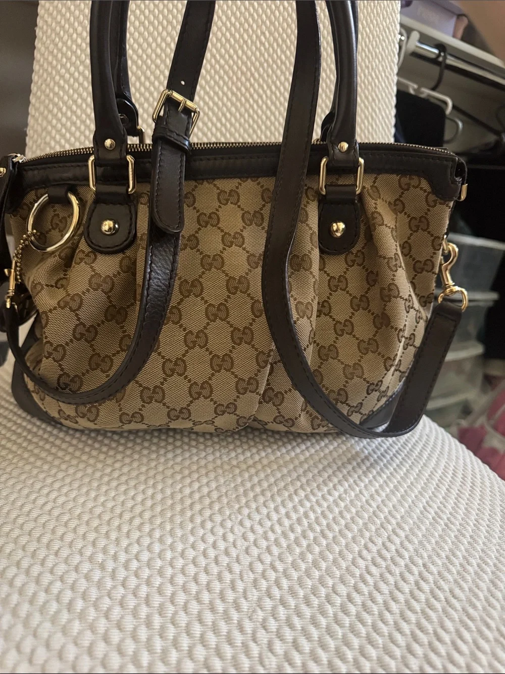 Gucci Beige Brown GG Canvas Satchel with Dark Brown Leather Trim